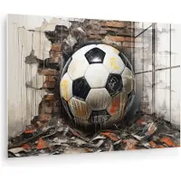 MuchoWow Glasschilderij 180x120 cm - Schilderij acrylglas - Voetbal - Muur - Zwart - Wit - Foto op glas - Muurdecoratie woonkamer - Wanddecoratie slaapkamer - Schilderijen