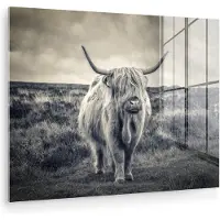 MuchoWow Glasschilderij 160x120 cm - Schilderij acrylglas - Schotse hooglander - Dieren - Wolken - Koe - Natuur - Foto op glas - Muurdecoratie woonkamer - Wanddecoratie slaapkamer - Schilderijen