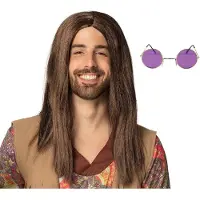 Boland Hippie Sixties verkleedset - Pruik lang haar bruin - bril paars ronde glazen - heren - Flower Power look