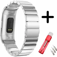 Strap-it bandje metaal zilver + toolkit geschikt voor Fitbit Charge 3 / 4