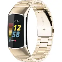 Strap-it Stalen Smartwatch bandje - Geschikt voor Fitbit Charge 5 / Fitbit Charge 6 stalen band - champagne - Horlogeband / Polsband / Armband