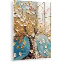 MuchoWow Glasschilderij 30x40 cm - Schilderij acrylglas - Boom - Blauw - Goud - Abstract - Modern - Foto op glas - Muurdecoratie woonkamer - Wanddecoratie slaapkamer - Schilderijen