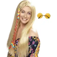 Smiffys Hippie Sixties verkleedset dames - Pruik lang haar blond - bril met ronde glazen geel - Flower Power thema