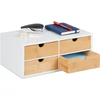 Relaxdays bureau organizer - met 4 lades - bamboe - MDF - 14 x 33 x 21 cm - wit/natuur