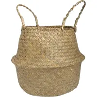 Intirilife Buikmand van gevlochten zeegras met handvat -34,5 x 28 cm Opvouwbare geweven mand, opbergmand voor speelgoed, plantenmand met handvatten, zeegrasmand, plankmand, wasmand, natuurlijke mand