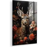 MuchoWow Glasschilderij 80x120 cm - Schilderij acrylglas - Hert - Dier - Bloemen - Natuur - Botanisch - Foto op glas - Muurdecoratie woonkamer - Wanddecoratie slaapkamer - Schilderijen
