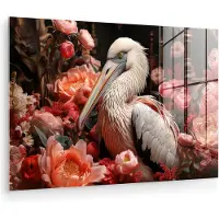 MuchoWow Glasschilderij 90x60 cm - Schilderij acrylglas - Pelikaan - Dier - Bloemen - Natuur - Botanisch - Roze - Foto op glas - Muurdecoratie woonkamer - Wanddecoratie slaapkamer - Schilderijen