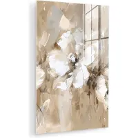 MuchoWow Glasschilderij 80x120 cm - Schilderij acrylglas - Bloemen - Beige - Abstract - Modern - Foto op glas - Muurdecoratie woonkamer - Wanddecoratie slaapkamer - Schilderijen