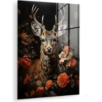 MuchoWow Glasschilderij 120x160 cm - Schilderij acrylglas - Hert - Dier - Bloemen - Natuur - Botanisch - Foto op glas - Muurdecoratie woonkamer - Wanddecoratie slaapkamer - Schilderijen