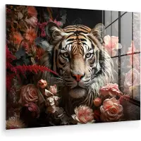 MuchoWow Glasschilderij 160x120 cm - Schilderij acrylglas - Tijger - Dier - Natuur - Bloemen - Botanisch - Foto op glas - Muurdecoratie woonkamer - Wanddecoratie slaapkamer - Schilderijen