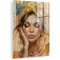 MuchoWow Glasschilderij 120x160 cm - Schilderij acrylglas - Vrouwen - Portret - Luxe - Goud - Foto op glas - Muurdecoratie woonkamer - Wanddecoratie slaapkamer - Schilderijen