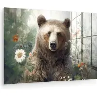 MuchoWow Glasschilderij 120x80 cm - Schilderij acrylglas - Bruine beer - Wilde dieren - Bloemen - Planten - Foto op glas - Muurdecoratie woonkamer - Wanddecoratie slaapkamer - Schilderijen