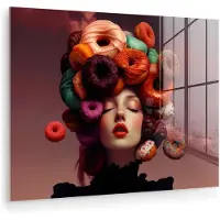 MuchoWow Glasschilderij 160x120 cm - Schilderij acrylglas - Vrouw - Donuts - Kleurrijk - Foto op glas - Muurdecoratie woonkamer - Wanddecoratie slaapkamer - Schilderijen