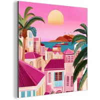 MuchoWow Aluminium schilderij 50x50 cm - Wanddecoratie metaal - Stad - Roze - Palmbomen - Metalen muurdecoratie woonkamer - Decoratie industrieel - Foto op dibond - Industriële accessoires slaapkamer