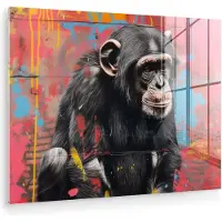 MuchoWow Glasschilderij 120x90 cm - Schilderij acrylglas - Graffiti - Chimpansee - Aap - Dieren - Street art - Foto op glas - Muurdecoratie woonkamer - Wanddecoratie slaapkamer - Schilderijen
