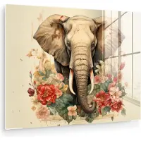 MuchoWow Glasschilderij 160x120 cm - Schilderij acrylglas - Vintage - Olifant - Bloemen - Wit - Natuur - Dieren - Foto op glas - Muurdecoratie woonkamer - Wanddecoratie slaapkamer - Schilderijen