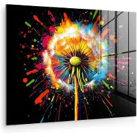 MuchoWow Glasschilderij 160x120 cm - Schilderij acrylglas - Paardenbloem - Graffiti - Kleurrijk - Bloemen - Natuur - Foto op glas - Muurdecoratie woonkamer - Wanddecoratie slaapkamer - Schilderijen