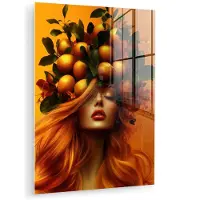 MuchoWow Glasschilderij 120x160 cm - Schilderij acrylglas - Vrouw - Citroenen - Bloesem - Geel - Foto op glas - Muurdecoratie woonkamer - Wanddecoratie slaapkamer - Schilderijen