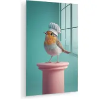 MuchoWow Glasschilderij 120x180 cm - Schilderij acrylglas - Roodborstje - Vogel - Koksmuts - Sokkel - Foto op glas - Muurdecoratie woonkamer - Wanddecoratie slaapkamer - Schilderijen