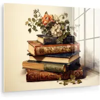 MuchoWow Glasschilderij 40x30 cm - Schilderij acrylglas - Vintage - Boeken - Bloemen - Wit - Foto op glas - Muurdecoratie woonkamer - Wanddecoratie slaapkamer - Schilderijen