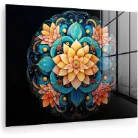 MuchoWow Glasschilderij 160x120 cm - Schilderij acrylglas - Mandala - Blauw - Oranje - Zwart - Foto op glas - Muurdecoratie woonkamer - Wanddecoratie slaapkamer - Schilderijen