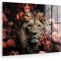 MuchoWow Glasschilderij 160x120 cm - Schilderij acrylglas - Leeuw - Dier - Natuur - Botanisch - Bloemen - Roze - Foto op glas - Muurdecoratie woonkamer - Wanddecoratie slaapkamer - Schilderijen