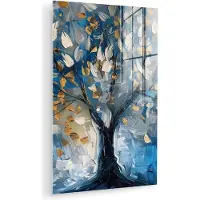 MuchoWow Glasschilderij 120x180 cm - Schilderij acrylglas - Boom - Blauw - Goud - Abstract - Foto op glas - Muurdecoratie woonkamer - Wanddecoratie slaapkamer - Schilderijen