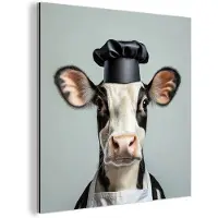 MuchoWow Aluminium schilderij 20x20 cm - Wanddecoratie metaal - Koe - Zwart - Wit - Kok - Metalen muurdecoratie woonkamer - Decoratie industrieel - Foto op dibond - Industriële accessoires slaapkamer