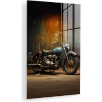 MuchoWow Glasschilderij 120x180 cm - Schilderij acrylglas - Vintage - Motor - Blauw - Oud - Garage - Foto op glas - Muurdecoratie woonkamer - Wanddecoratie slaapkamer - Schilderijen