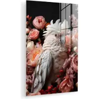MuchoWow Glasschilderij 40x60 cm - Schilderij acrylglas - Kaketoe - Dier - Natuur - Botanisch - Bloemen - Roze - Foto op glas - Muurdecoratie woonkamer - Wanddecoratie slaapkamer - Schilderijen