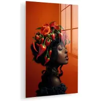 MuchoWow Glasschilderij 60x90 cm - Schilderij acrylglas - Vrouw - Chilipepers - Pepers - Bloemen - Foto op glas - Muurdecoratie woonkamer - Wanddecoratie slaapkamer - Schilderijen