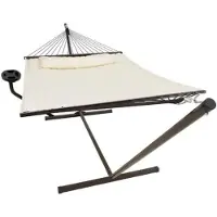 Vita5 Hangmat met Standaard en Spreidstok – 2 Persoons, Incl. Bekerhouder – max. 200 kg – 350 x 120 x 140 cm – Beige