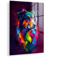 MuchoWow Glasschilderij 60x80 cm - Schilderij acrylglas - Hond - Kleurrijk - Dier - Dierenhoofd - Foto op glas - Muurdecoratie woonkamer - Wanddecoratie slaapkamer - Schilderijen