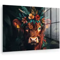 MuchoWow Glasschilderij 180x120 cm - Schilderij acrylglas - Schotse Hooglander - Bloemen - Bladeren - Foto op glas - Muurdecoratie woonkamer - Wanddecoratie slaapkamer - Schilderijen