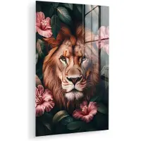 MuchoWow Glasschilderij 120x180 cm - Schilderij acrylglas - Leeuw - Roze bloemen - Bladeren - Botanisch - Foto op glas - Muurdecoratie woonkamer - Wanddecoratie slaapkamer - Schilderijen