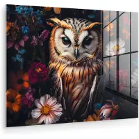 MuchoWow Glasschilderij 40x30 cm - Schilderij acrylglas - Uil - Bloemen - Kleurrijk - Natuur - Foto op glas - Muurdecoratie woonkamer - Wanddecoratie slaapkamer - Schilderijen