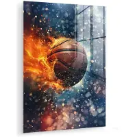 MuchoWow Glasschilderij 120x160 cm - Schilderij acrylglas - Basketbal - Vuur - Sport - Blauw - Oranje - Foto op glas - Muurdecoratie woonkamer - Wanddecoratie slaapkamer - Schilderijen