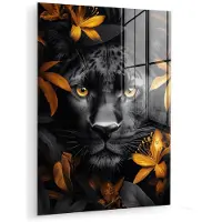 MuchoWow Glasschilderij 120x160 cm - Schilderij acrylglas - Zwarte panter - Bloemen - Goud - Natuur - Katachtige - Foto op glas - Muurdecoratie woonkamer - Wanddecoratie slaapkamer - Schilderijen