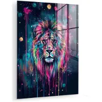 MuchoWow Glasschilderij 120x160 cm - Schilderij acrylglas - Leeuw - Verf - Kleurrijk - Zwart - Dieren - Foto op glas - Muurdecoratie woonkamer - Wanddecoratie slaapkamer - Schilderijen