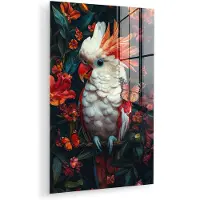 MuchoWow Glasschilderij 120x180 cm - Schilderij acrylglas - Kaketoe - Vlinders - Bloemen - Veren - Dieren - Foto op glas - Muurdecoratie woonkamer - Wanddecoratie slaapkamer - Schilderijen