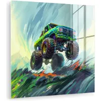 MuchoWow Glasschilderij 20x20 cm - Schilderij acrylglas - Monstertruck - Auto - Jongens - Groen - Foto op glas - Muurdecoratie woonkamer - Wanddecoratie slaapkamer - Schilderijen