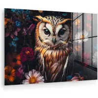 MuchoWow Glasschilderij 180x120 cm - Schilderij acrylglas - Uil - Bloemen - Kleurrijk - Natuur - Foto op glas - Muurdecoratie woonkamer - Wanddecoratie slaapkamer - Schilderijen