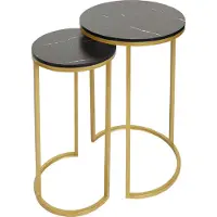 MCW Set van 2 bijzettafels -K46, salontafel nachtkastje loungetafel, marmeren look MDF ~ zwart-goud