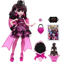 Monster High Draculaura-pop in Monster Ball-feestjurk met thema-accessoires zoals chocoladefontein, zwart