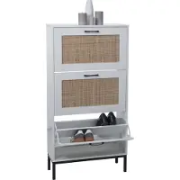 MCW Schoenenkast -N92, schoenenkantelaar schoenenrek, 3 vakken rotan front melamine, 126x63x24cm ~ wit