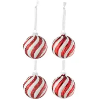 J-Line Doos van 4 kerstbal 2+2 lijnen glas wit/rood small