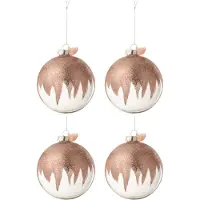 J-Line Doos van 4 kerstballen glitter mini kwast roze glas transparant large