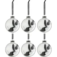 J-Line Doos van 6 kerstballen rond gedroogde hazenstaart zwart glas transparant small