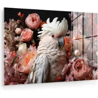 MuchoWow Glasschilderij 180x120 cm - Schilderij acrylglas - Kaketoe - Dier - Natuur - Botanisch - Bloemen - Roze - Foto op glas - Muurdecoratie woonkamer - Wanddecoratie slaapkamer - Schilderijen