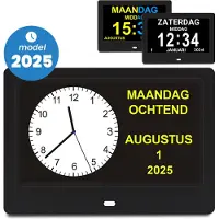 Pitt & co. Dementieklok Analoog en Digitaal – Kalenderklok - klok met datum en dag – Alarmfunctie en Medicijnalarm - Alzheimer klok – seniorenklok – 7 Inch - Zwart